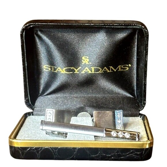 NIB Stacey Adams cufflinks Tie Clip Silver Tone Rhinestones - Picture 11 of 16